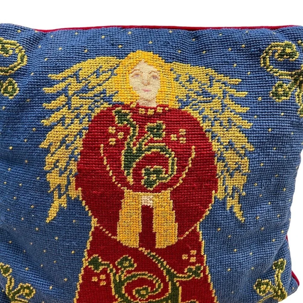 Pier 1 Needlepoint Christmas Angel Red‎ Blue Wool Velour Pillow Holiday 13
